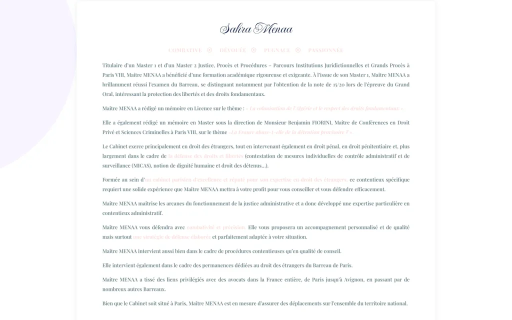 Page d'accueil du site du Cabinet Menaa Avocat, suite