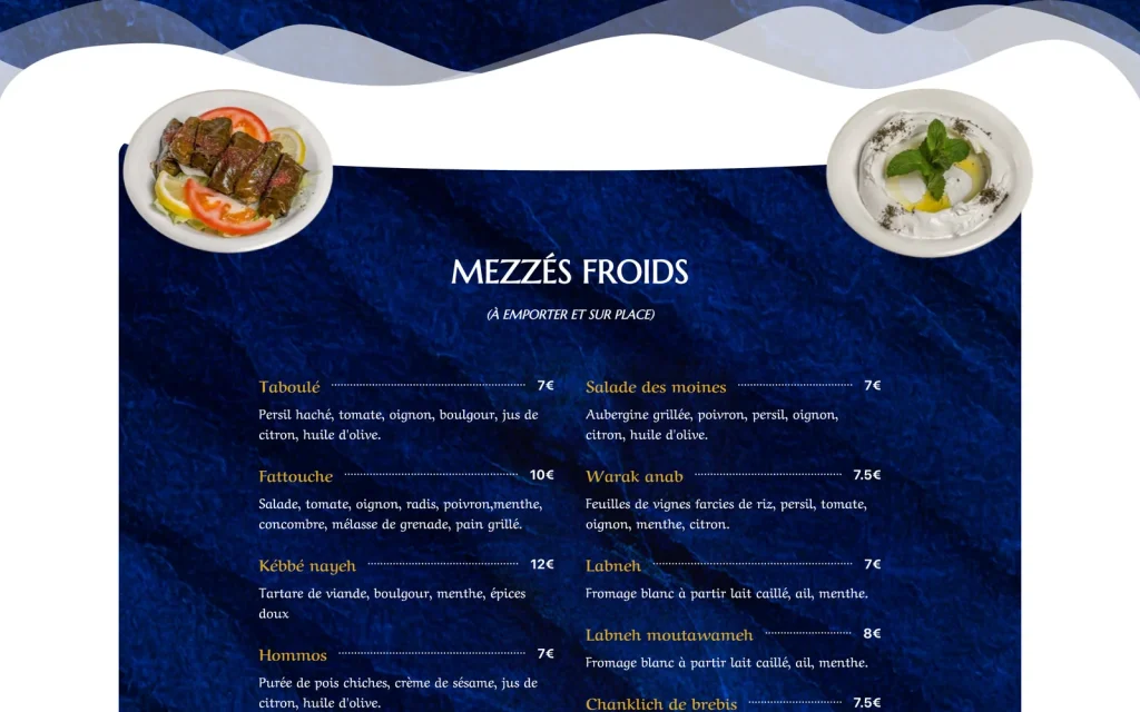 Carte du restaurant Osaphir, première partie