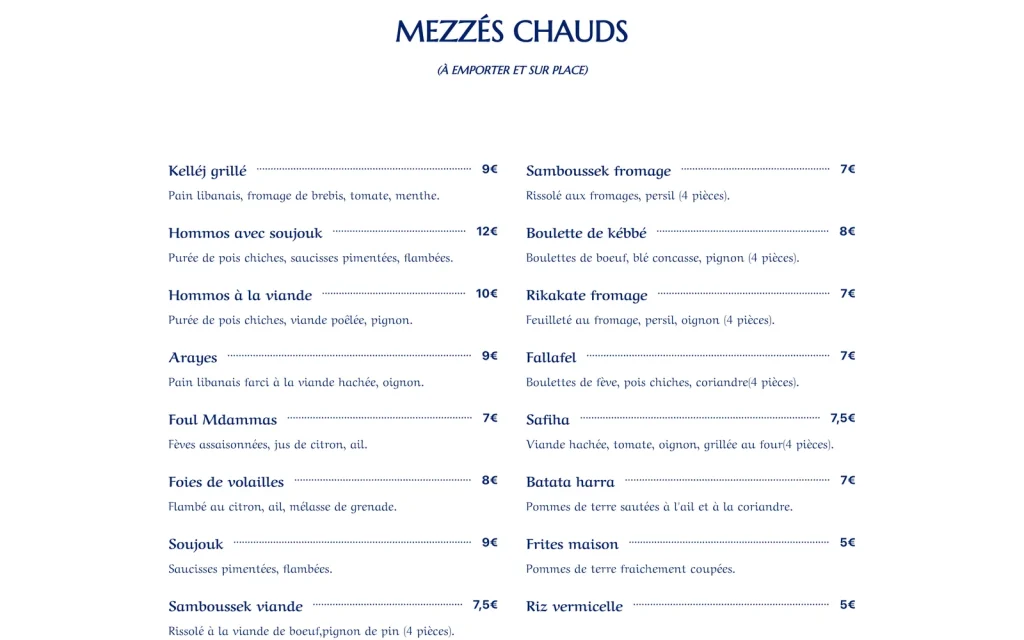 Carte du restaurant Osaphir, seconde partie