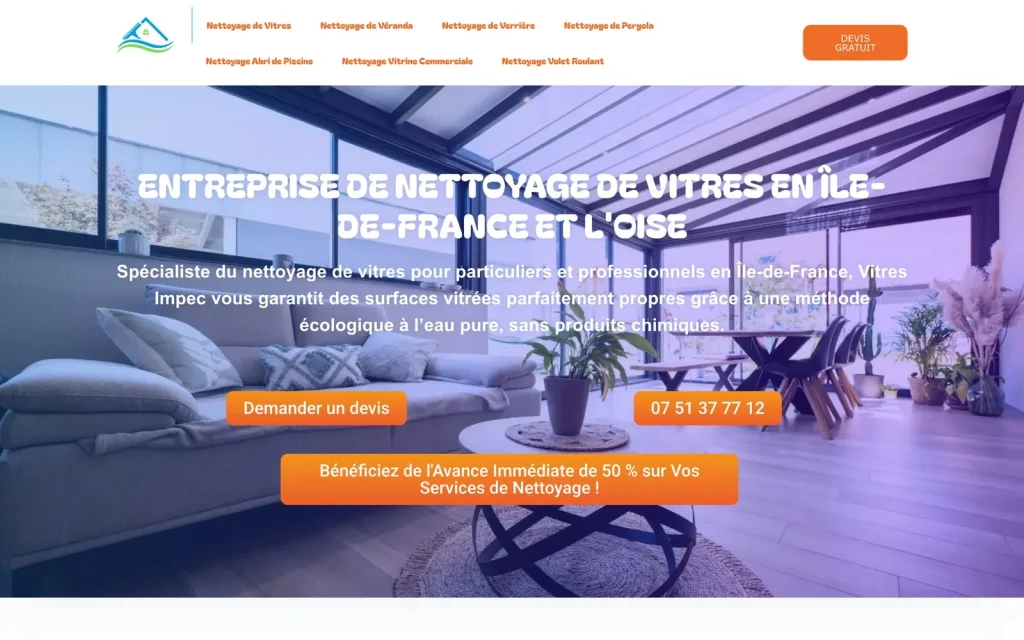 Page d'accueil du site Vitres Impec, nettoyage de vitres