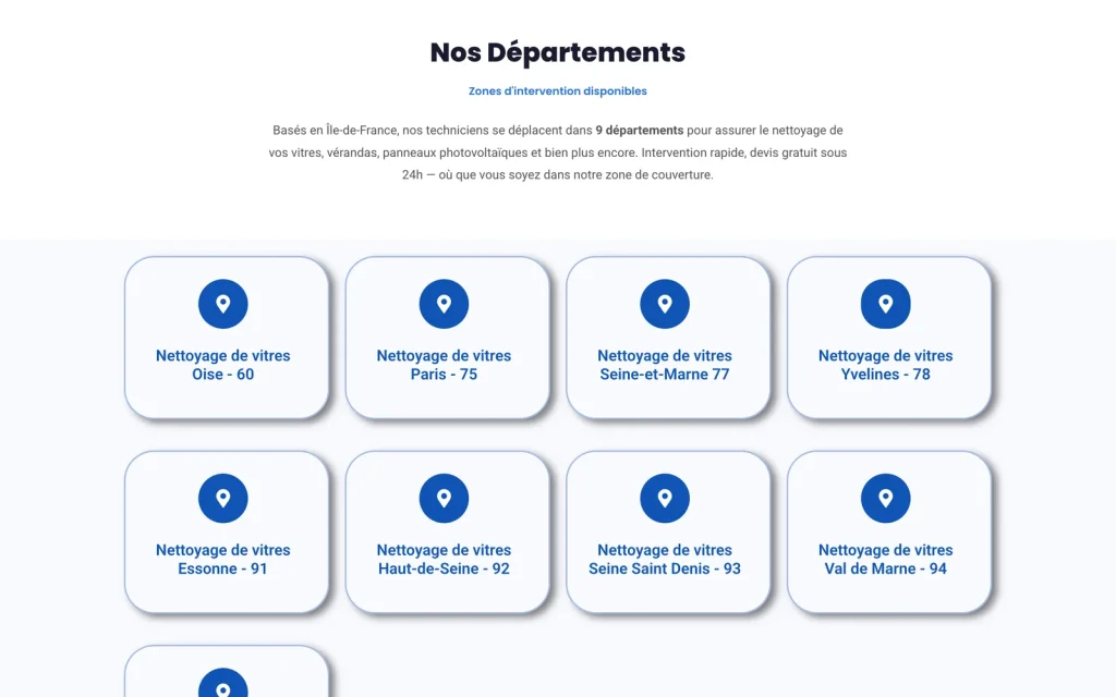 Page départements du site Vitres Impec