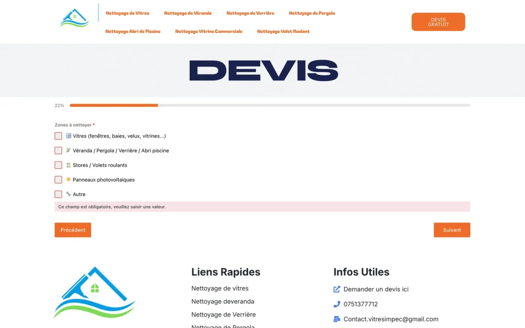 Formulaire de demande de devis du site Vitres Impec