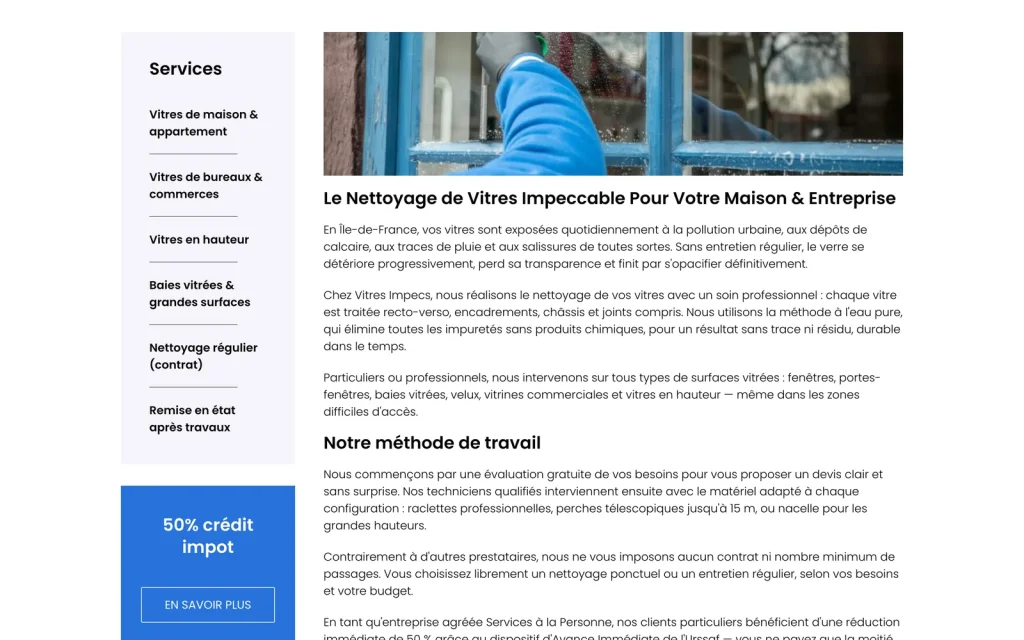 Page prestation du site Vitres Impec